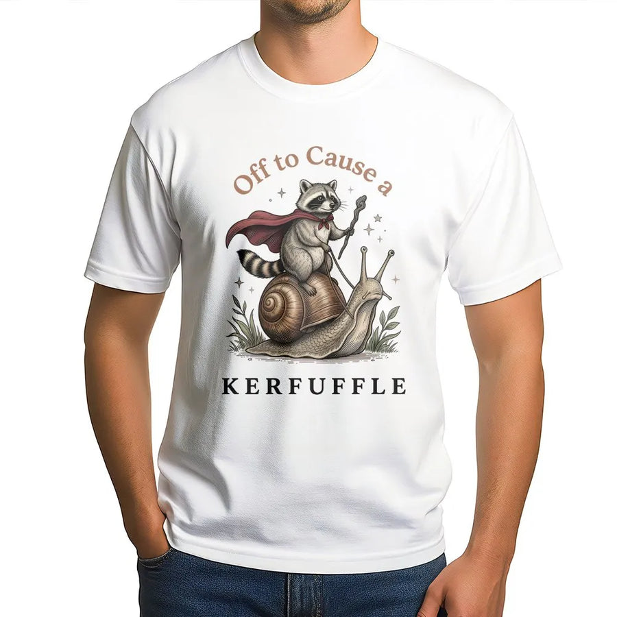 Off To Cause A Kerfuffle T-Shirt | Whimsical Raccoon Riding Snail Graphic | 100% Cotton Premium Tee | Funny Animal Nature Lover Gift For Adults