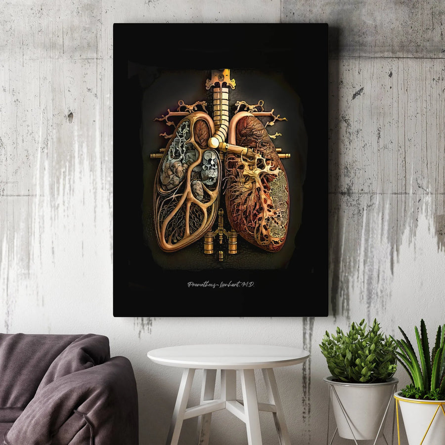 Steampunk Anatomical Lungs Canvas Art | Vintage Biological Skull Illustration | Gallery Wrapped Premium Wall Decor | Medical Professional Office Gift