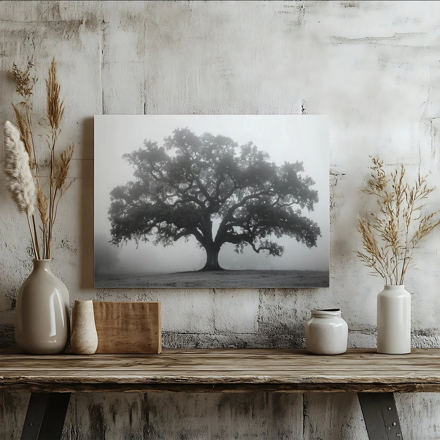Majestic Oak Tree Wall Art | Foggy Landscape Canvas Print | Premium Gallery Wrapped 1.25 Inch Thick | Modern Nature Home Decor