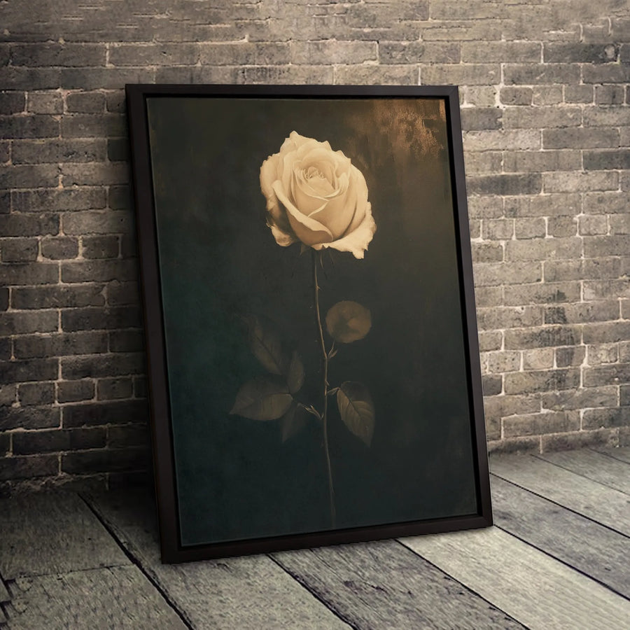 Single White Rose Canvas Wall Art | Moody Floral Botanical Decor | Gallery-Wrapped Premium Print | Elegant Gift for Home or Office