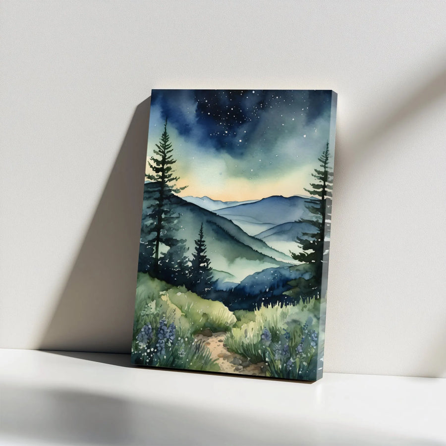 Misty Mountain Canvas Wall Art | Watercolor Forest Night Sky Landscape | Premium Gallery Wrap Print | Nature Lover Home Decor Gift