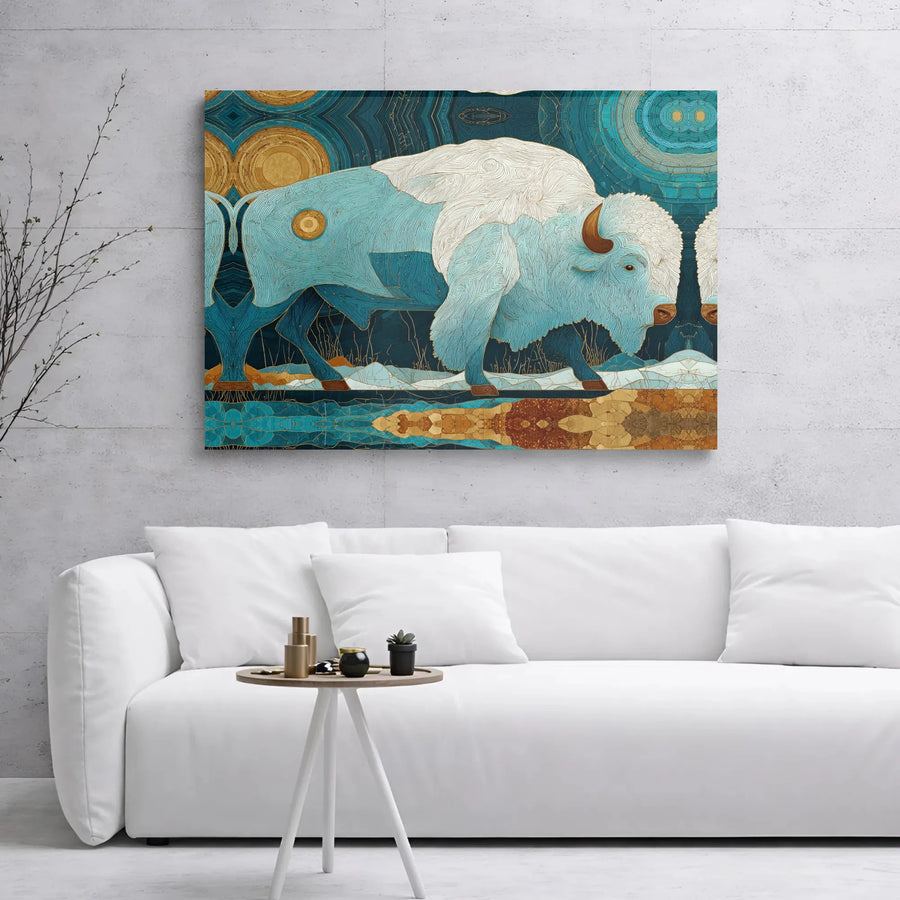 White Buffalo Canvas Art | Abstract Mosaic Teal And Gold Wildlife Wall Decor | Premium Gallery Wrap Print | Modern Living Room Statement Gift