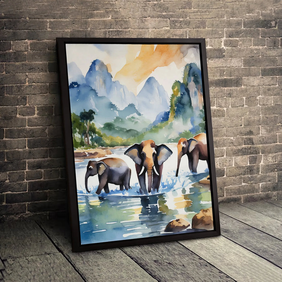 Watercolor Elephant Wall Art | Mountain River Nature Canvas Print | Premium Gallery-Wrapped Decor | Wildlife Lover Gift