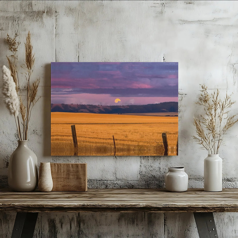 Rural Landscape Wall Art | Moonrise Over Golden Field Canvas Print | 1.25-Inch Gallery Wrap | Farmhouse Home Decor for Living Room