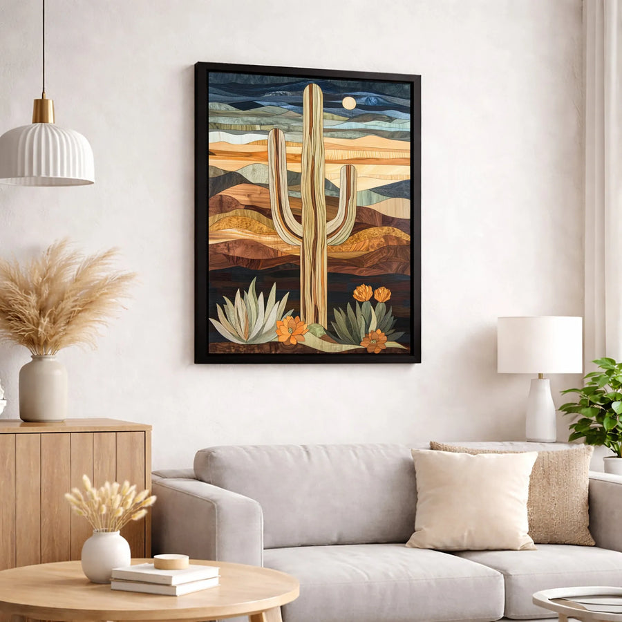 Saguaro Cactus Desert Wall Art | Southwestern Wood Inlay Aesthetic Canvas | Premium Gallery-Wrapped Print | Modern Home & Office Decor Gift