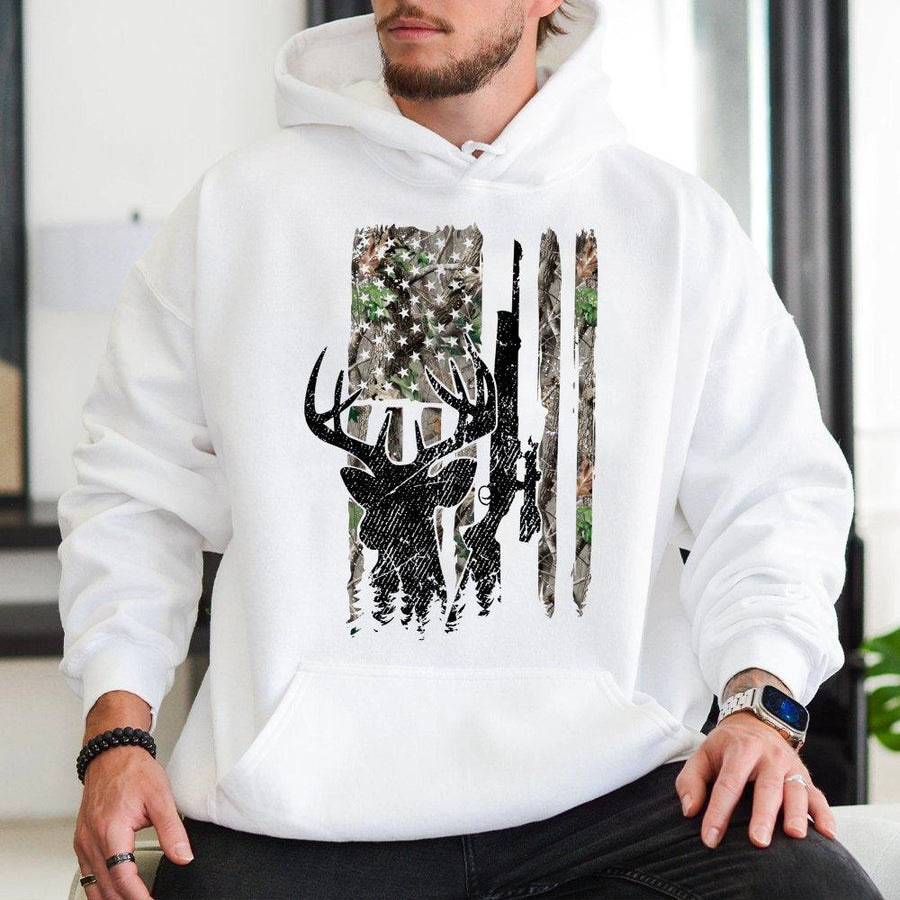 Deer Hunting Hoodie | American Flag Camo Buck Silhouette | Premium Cotton-Poly Blend | Gift for Hunter Outdoor Enthusiast