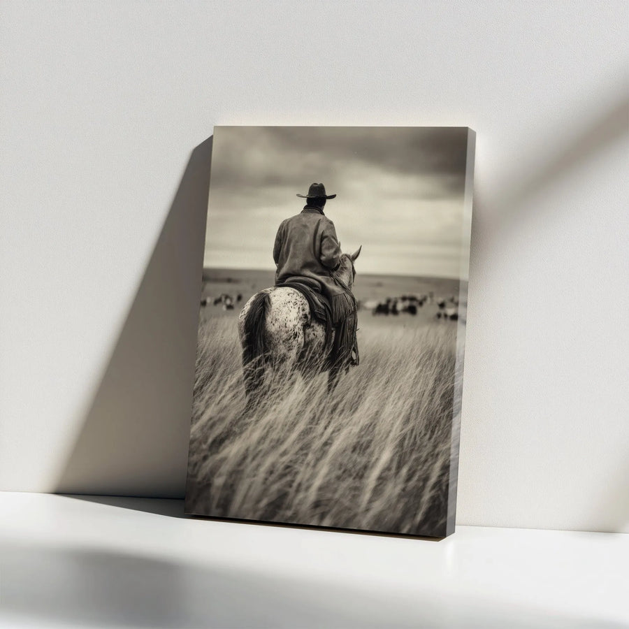 Western Cowboy Canvas Print | Black and White Lone Rider Photography | Premium Gallery Wrapped Wall Art | Rustic Farmhouse Decor Gift for Men
