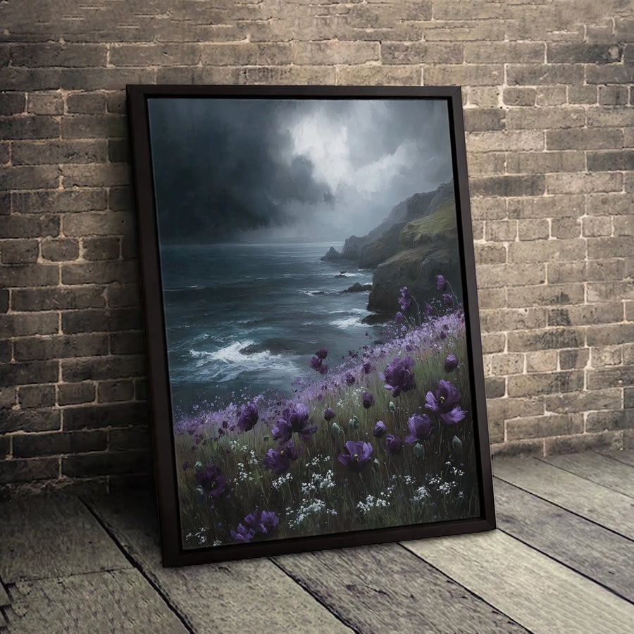 Stormy Coastline Canvas Art | Moody Purple Wildflowers Landscape | Premium Gallery-Wrapped Print | Coastal Home Decor Wall Art