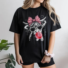 Highland Cow Graphic T-Shirt | Cute Bubble Gum Cow With Pink Heart Sunglasses | Premium Soft Cotton | Funny Farm Animal Gift For Her