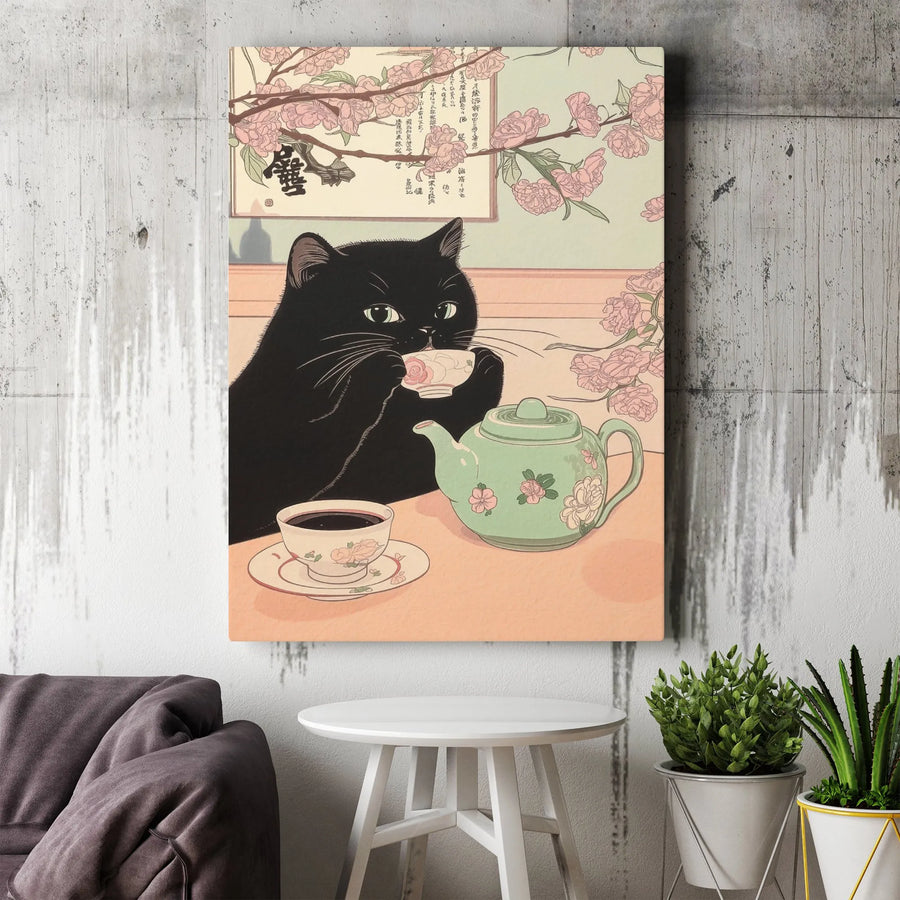 Black Cat Wall Art | Japanese Ukiyo-e Cherry Blossom Print | Premium Gallery Wrap Canvas | Whimsical Tea Party Gift for Cat Lovers