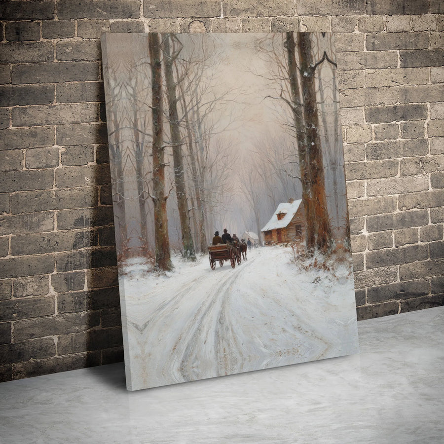 Winter Forest Canvas Art | Horse Drawn Carriage Snowy Cabin Scene | Premium Gallery Wrap Print | Festive Home Decor Wall Hanging