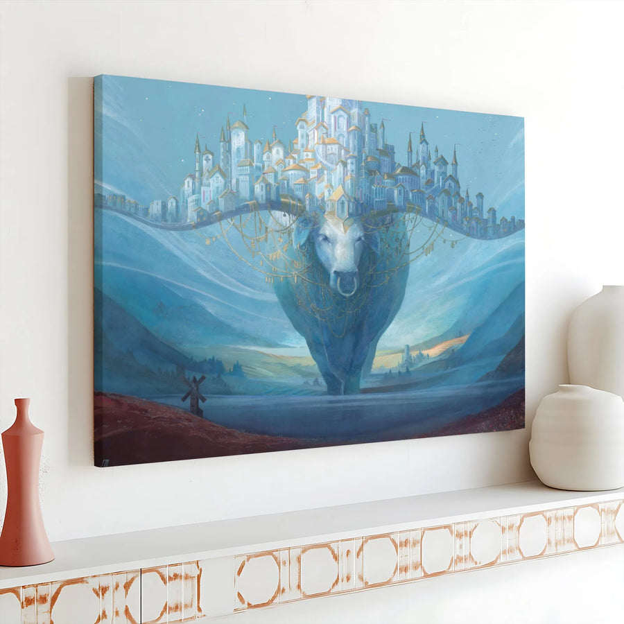 Mythical Bull Canvas Art | Surreal Landscape with Floating City | Premium Thick Gallery Wrap | Gift for Fantasy Art Lovers