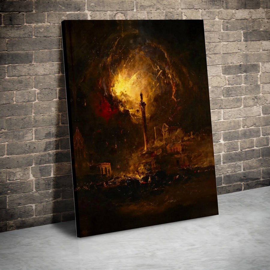 Apocalyptic Ancient City Canvas Wall Art | Moody Dark Aesthetic Fire Painting | 1.25 Inch Gallery Wrap | Gothic Home Office Decor Gift