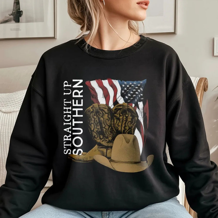 Southern Heritage Sweatshirt | Cowboy Boots And American Flag Design | Premium Cotton Blend Crewneck | Patriotic Gift For Country Music Fans