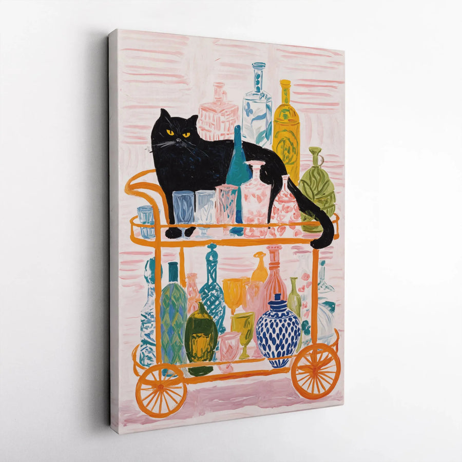 Black Cat Bar Cart Wall Art | Mid Century Modern Whimsical Canvas Print | Premium Gallery Wrap Decor | Unique Gift for Cat Lovers
