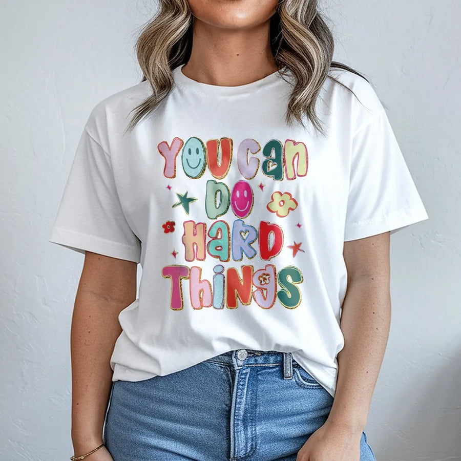 You Can Do Hard Things T-Shirt | Retro Smiley Face Graphic Tee | Premium 100% Cotton | Inspirational Teacher Gift and Positivity Shirt
