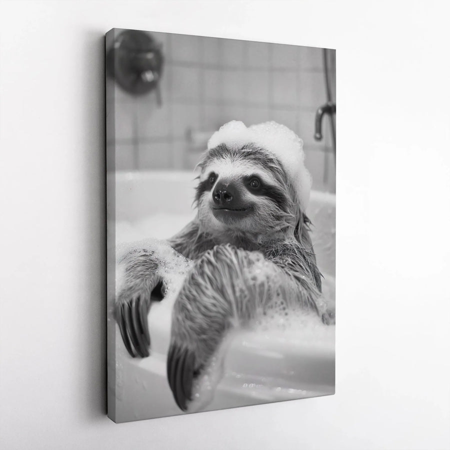 Sloth In Bathtub Canvas Print | Black and White Bathroom Wall Art | Premium Gallery Wrapped 1.25" Profile | Funny Animal Home Decor Gift