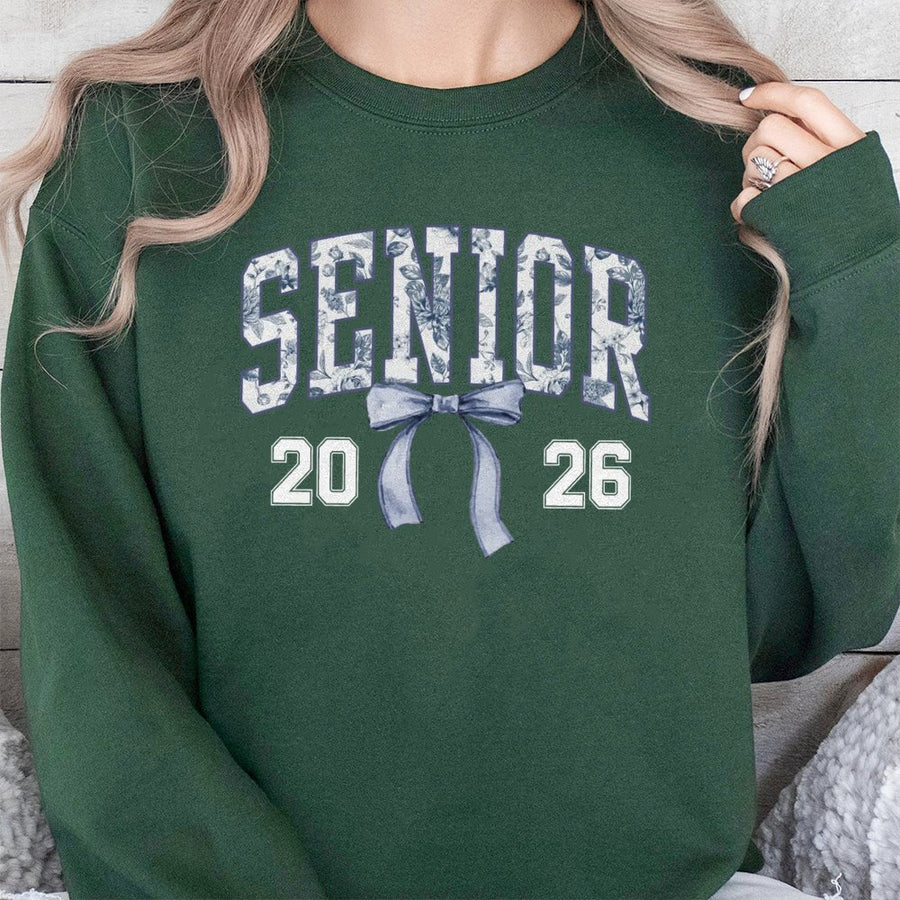 Senior 2026 Sweatshirt | Coquette Blue Bow Toile Graphic | Premium Cotton Blend | Graduation Gift for High School and College Seniors
