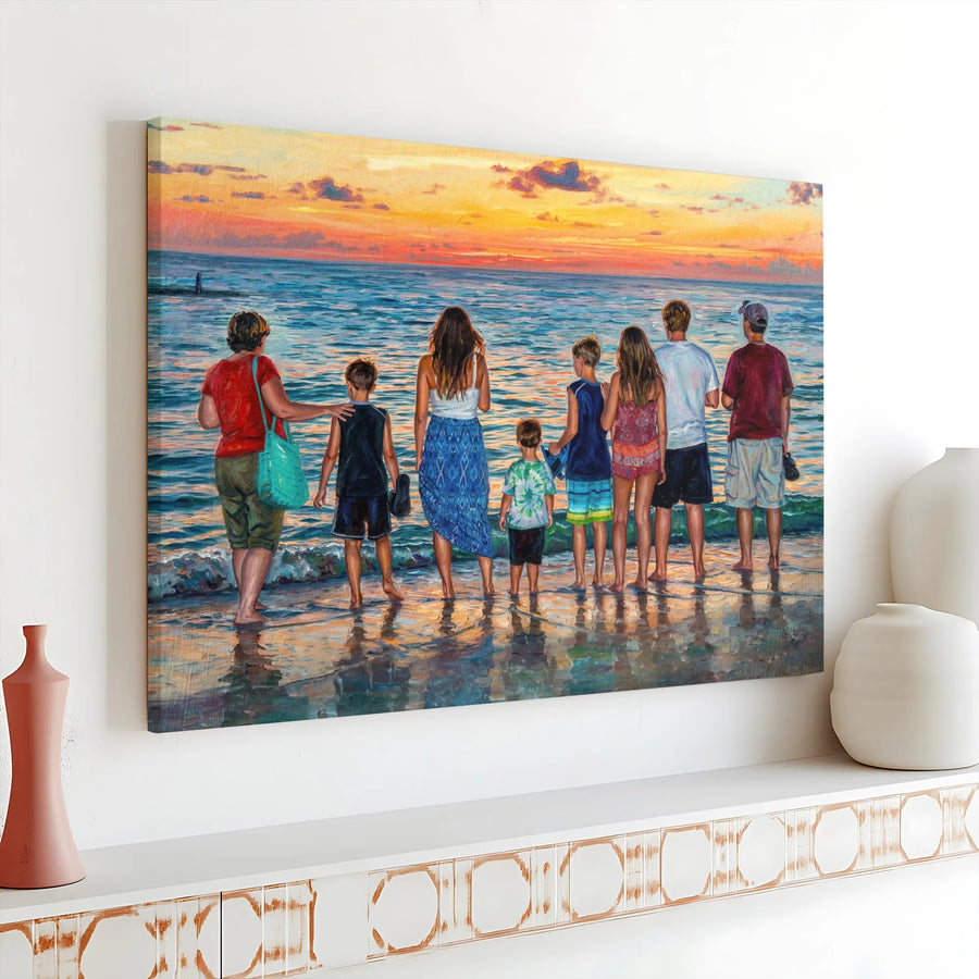 Family at the Beach Canvas Wall Art | Impressionistic Sunset Ocean Painting | Premium Fade-Resistant Print | Coastal Home Decor Gift