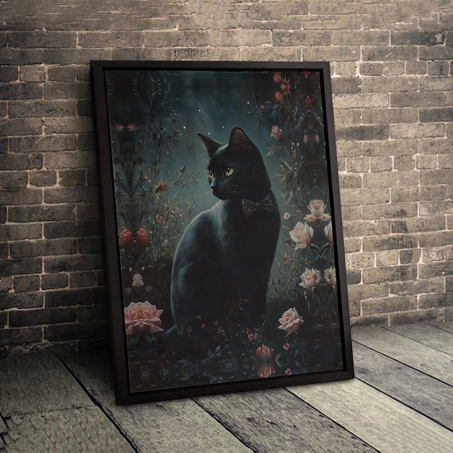 Black Cat Wall Art | Whimsical Bow Tie Garden Portrait | Gallery Quality Canvas Print | Elegant Home Decor Gift For Cat Lovers