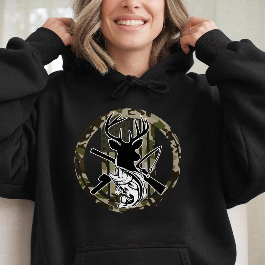 Hunting Camo Hoodie | American Flag Deer Antler Fish Graphic | Cotton-Poly Premium Blend | Gift for Outdoorsman Hunter Fisherman