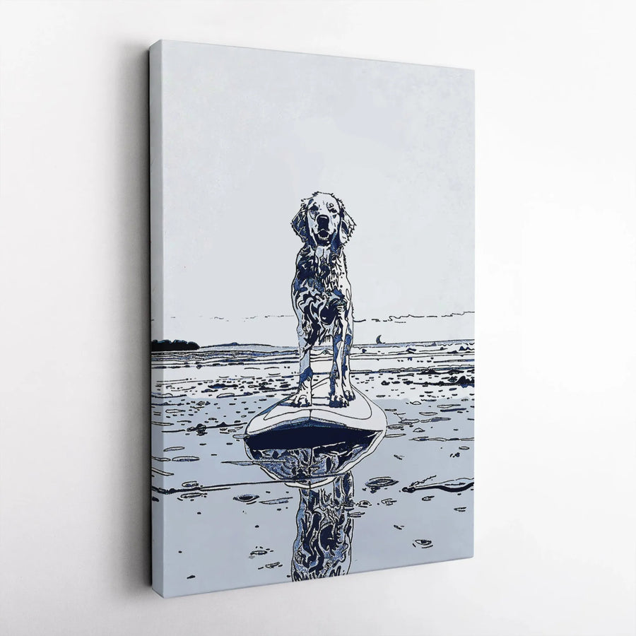 Golden Retriever Surfing Canvas Art | Modern Abstract Dog Portrait | Premium 1.25-Inch Gallery Wrap | Coastal Wall Decor Gift for Dog Lovers