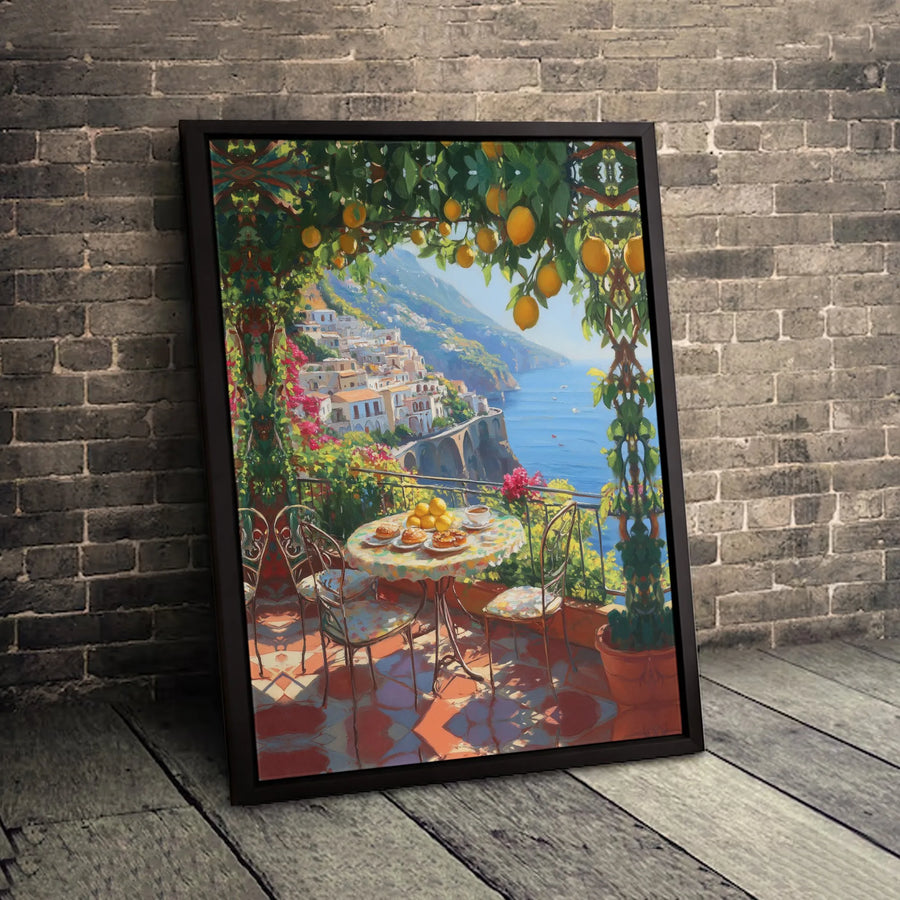 Amalfi Coast Canvas Art | Mediterranean Sea Lemon Balcony Print | Gallery Wrap Premium Wall Decor | Italian Summer Home Gift