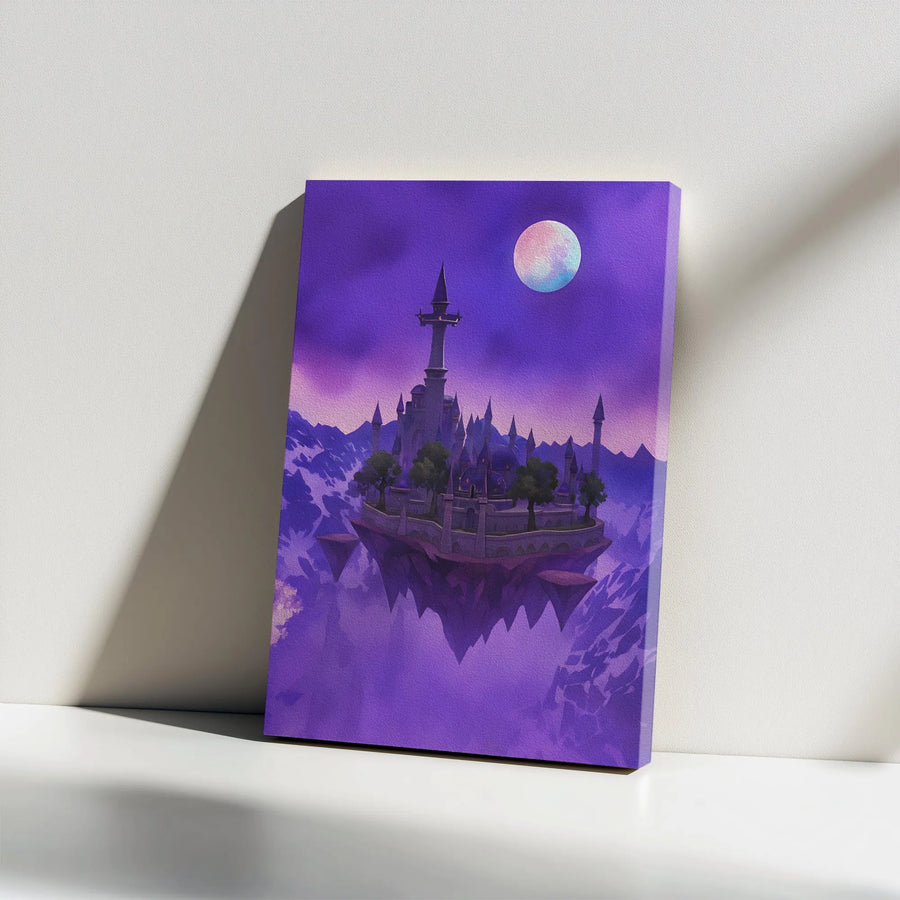 Floating Castle Canvas Print | Mystical Floating Island Under Full Moon | Premium Matte Canvas Art | Fantasy Decor Gift for Gamers