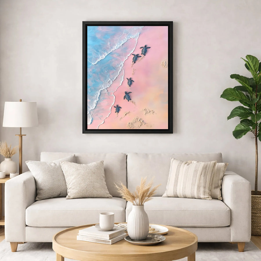 Baby Sea Turtles Canvas Wall Art | Pink Sand Beach Textured Ocean Print | Premium Fade-Resistant Decor | Coastal Living Room Gift