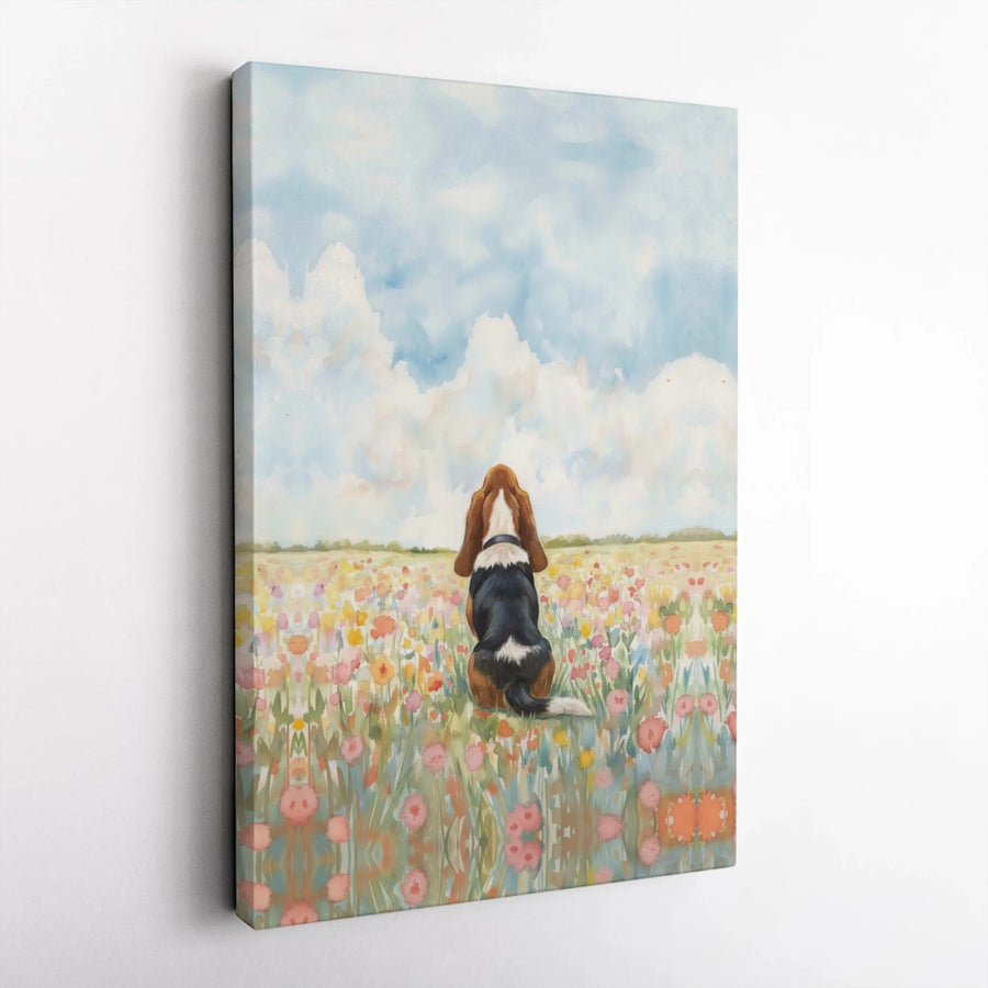 Basset Hound Canvas Wall Art | Watercolor Dog in Wildflower Field Print | Premium Gallery Wrapped Canvas | Gift for Dog Mom & Pet Owners