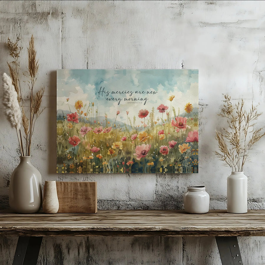 His Mercies Are New Every Morning Wall Art | Watercolor Wildflower Meadow Print | Premium 1.25 Inch Thick Canvas | Christian Home Decor Gift