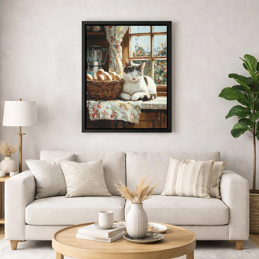 Sleeping Cat Canvas Art | Rustic Farmhouse Kitchen Decor | High-Quality Fade-Resistant Print | Cozy Cottagecore Gift for Cat Lovers