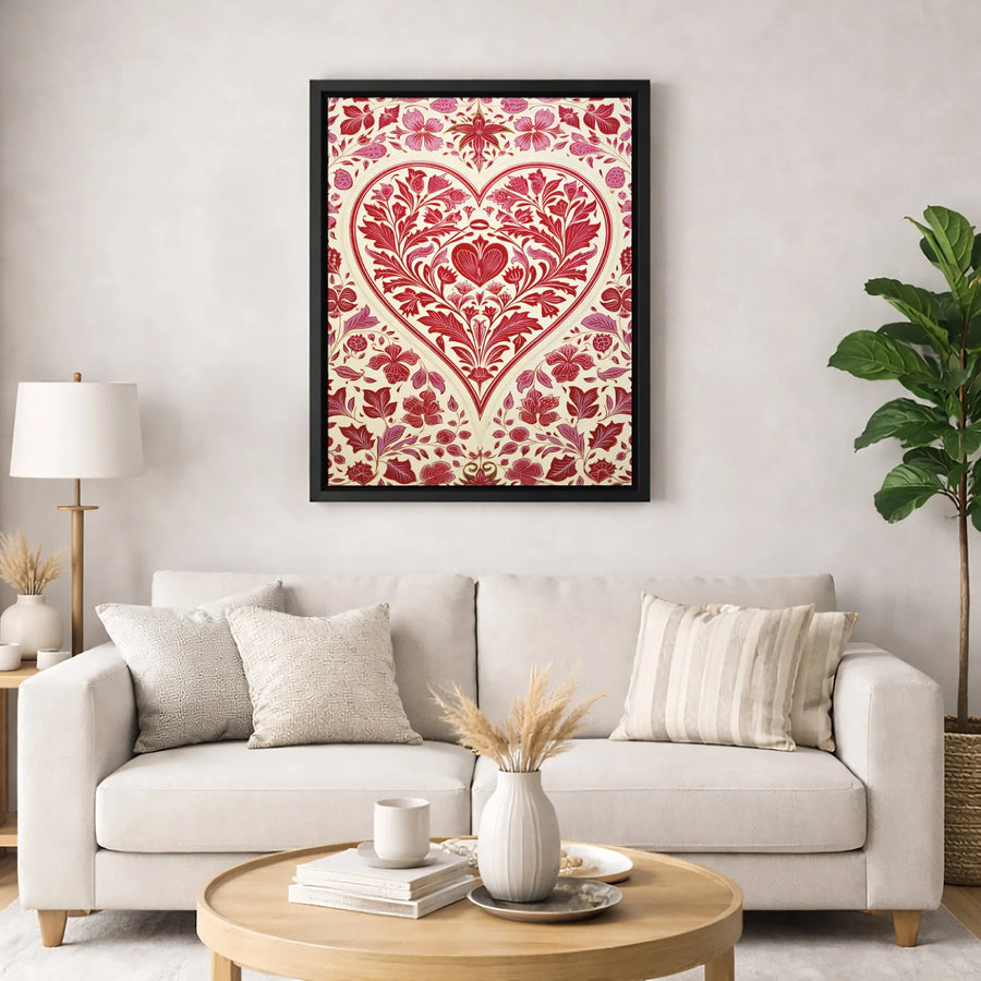 Victorian Floral Heart Canvas Print | Ornate Botanical Red And Pink Wall Art | Premium Gallery-Wrapped Decor | Romantic Anniversary Gift for Her