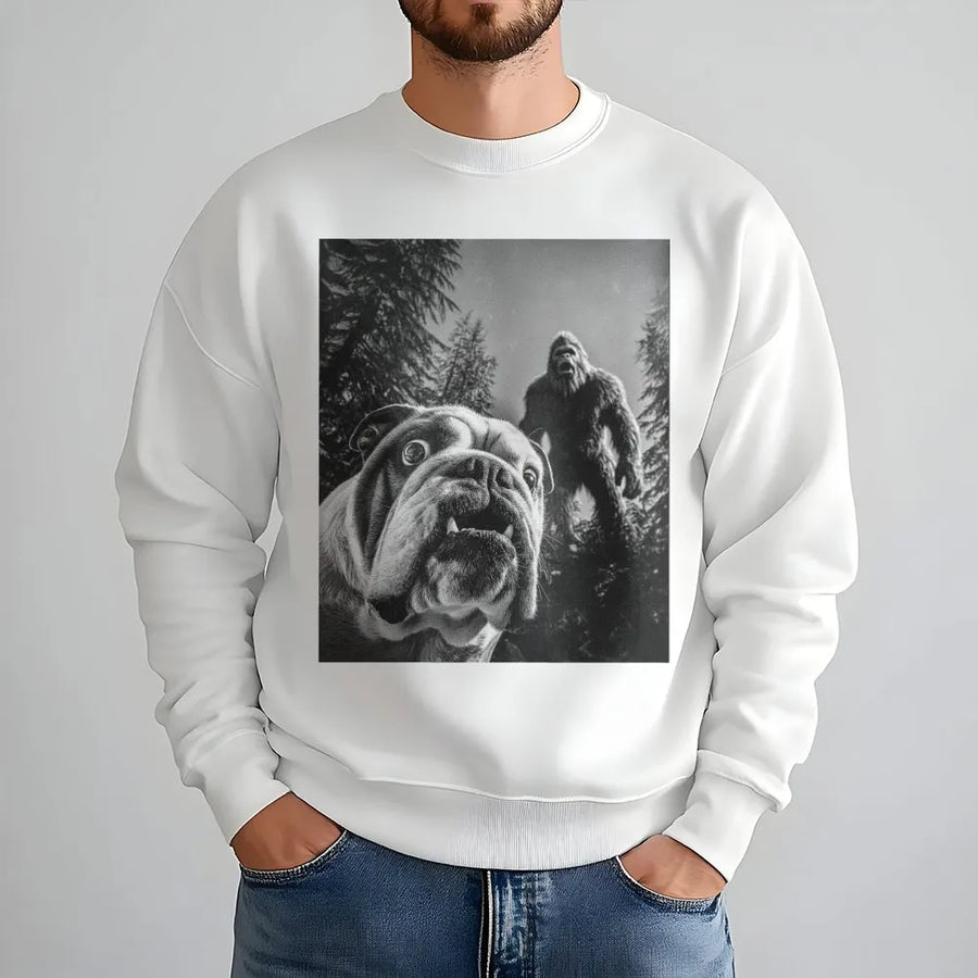 English Bulldog Bigfoot Sweatshirt | Funny Cryptid Selfie Graphic Design | Premium Cotton Blend Unisex Crewneck | Unique Dog Lover Gift