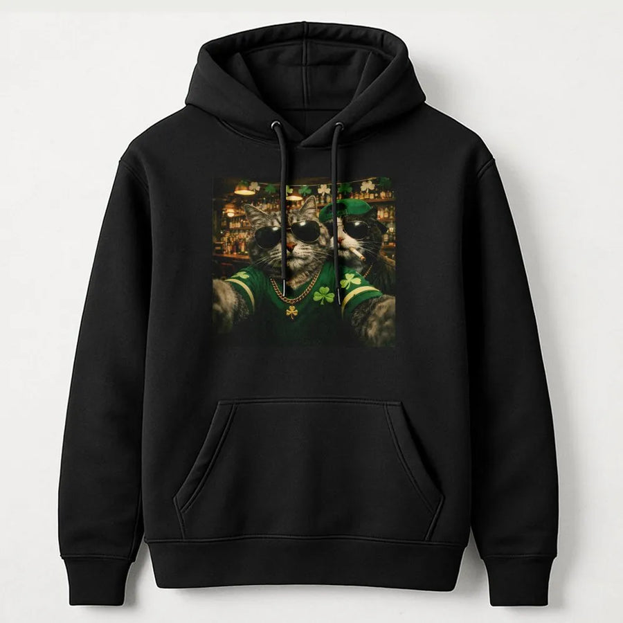 St Patrick's Day Hoodie | Funny Cool Cats Selfie Graphic | Premium Cotton Blend Unisex Sweatshirt | Gift for Cat Lovers