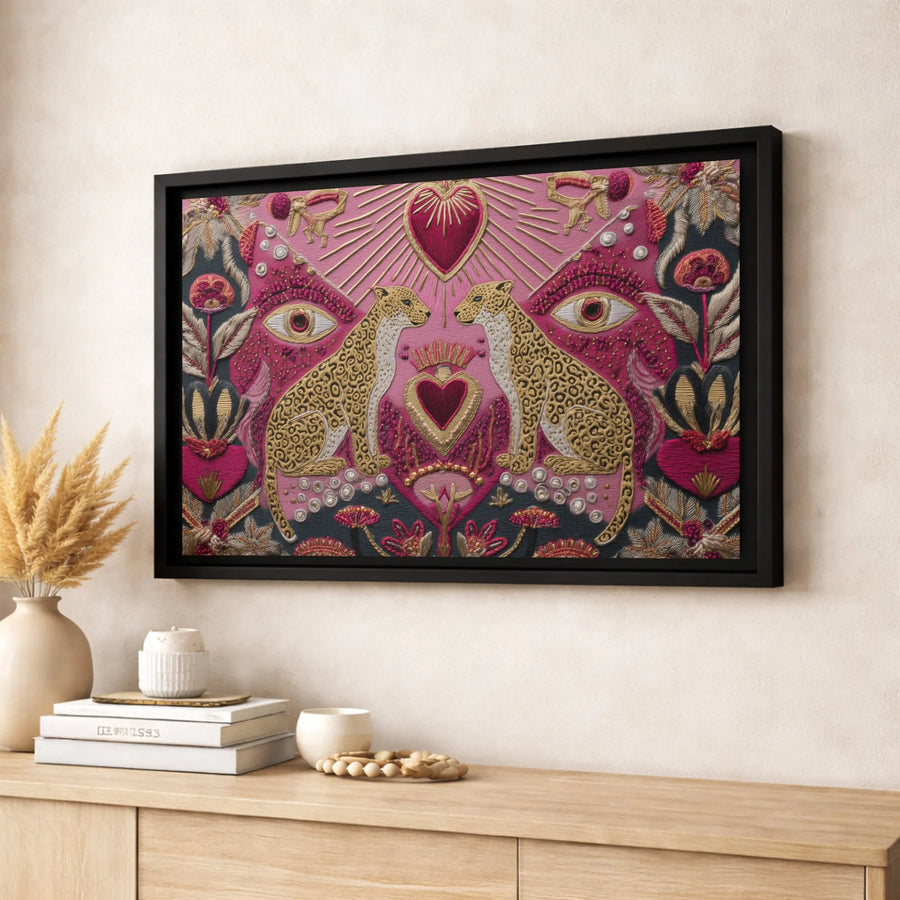 Boho Cheetah Wall Art | Sacred Heart & All-Seeing Eye Print | Premium Gallery Wrap Canvas | Surreal Maximalist Home Decor Gift