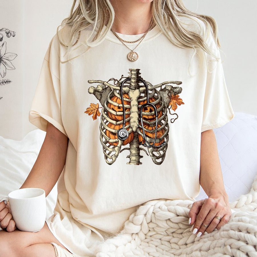 Pumpkin Skeleton Nurse T-Shirt | Anatomical Rib Cage Stethoscope Graphic | 100% Cotton Premium Tee | Halloween Gift For Nurses & Medical Students