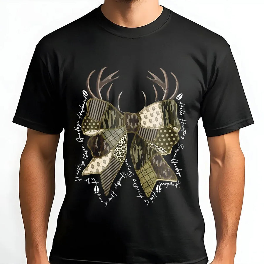 Hunting Season T-Shirt | Camo Coquette Bow Graphic Tee | Premium Cotton Casual Wear | Funny Gift for Hunting Wives and Girlfriend