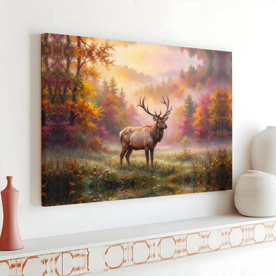 Majestic Elk Landscape Horizontal Canvas | Vibrant Autumn Forest Scene with Wild Deer | Fade-Resistant 1.25 Inch Gallery Wrap Premium Wall Art | Cozy Cabin Decor, Wilderness Gift for Nature Lovers