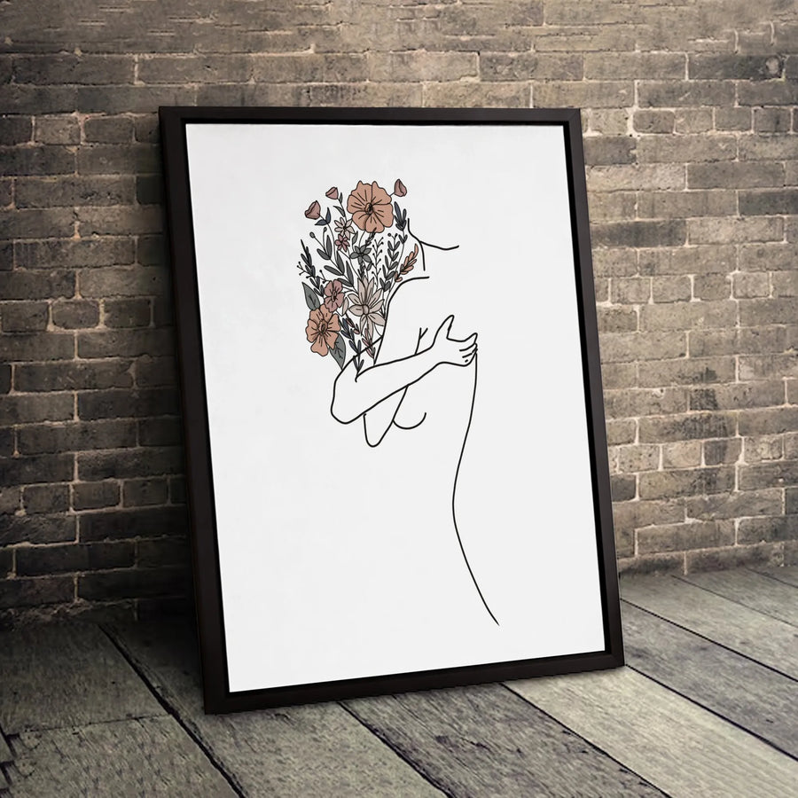 Minimalist Line Art Canvas | Woman Hugging Self with Flowers | Premium Gallery-Wrapped Print | Self-Love Aesthetic Home Decor