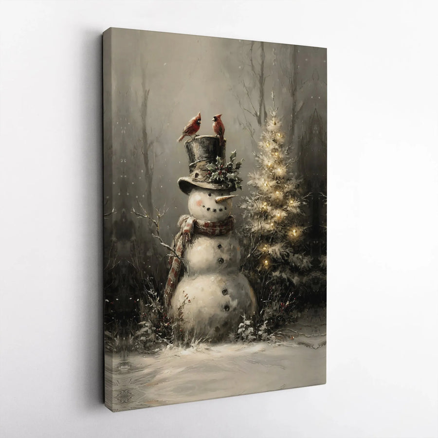 Vintage Snowman Canvas Wall Art | Christmas Cardinal Painting | Premium Gallery Wrap Print | Festive Holiday Home Decor Gift