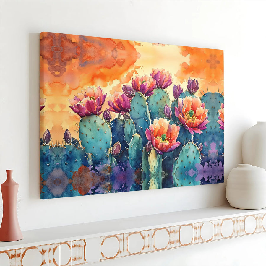 Watercolor Cactus Wall Art | Southwestern Desert Bloom Illustration | Premium Fade-Resistant Canvas | Modern Botanical Decor Gift