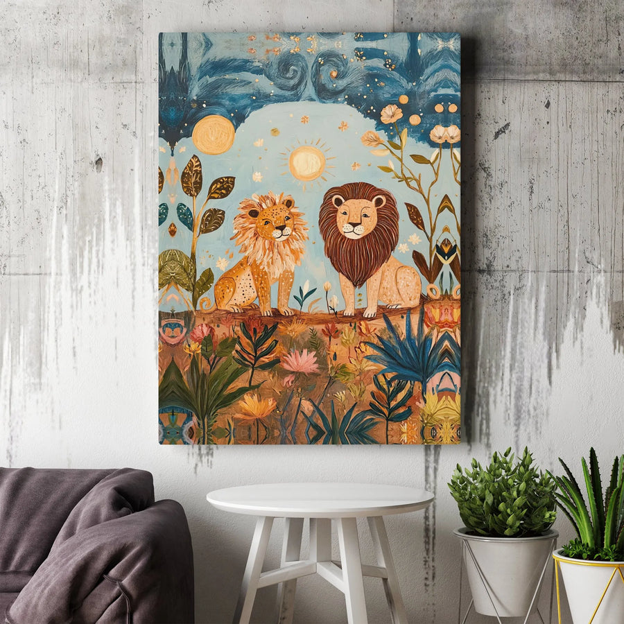Whimsical Lion Couple Canvas Art | Celestial Jungle Folk Art Print | Premium Gallery Wrapped Canvas | Boho Nursery Decor Gift for Animal Lovers