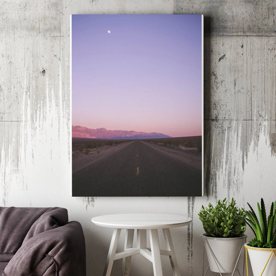Desert Road Vertical Canvas | Minimalist Twilight Sky with Moon Print | Premium Gallery Wrap Wall Art | Modern Home Decor Gift for Traveler