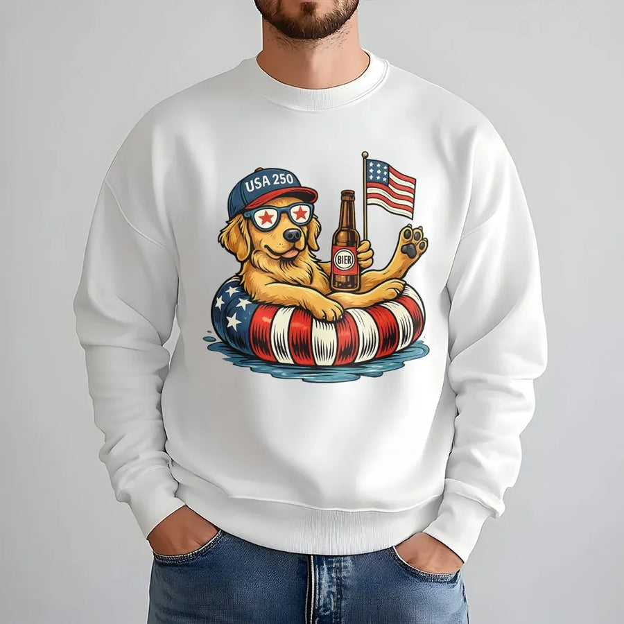 Patriotic Dog Sweatshirt for 4th of July | Funny Golden Retriever with Beer & Flag | Soft Cotton Unisex Tee | Independence Day Gift for Dog Lovers