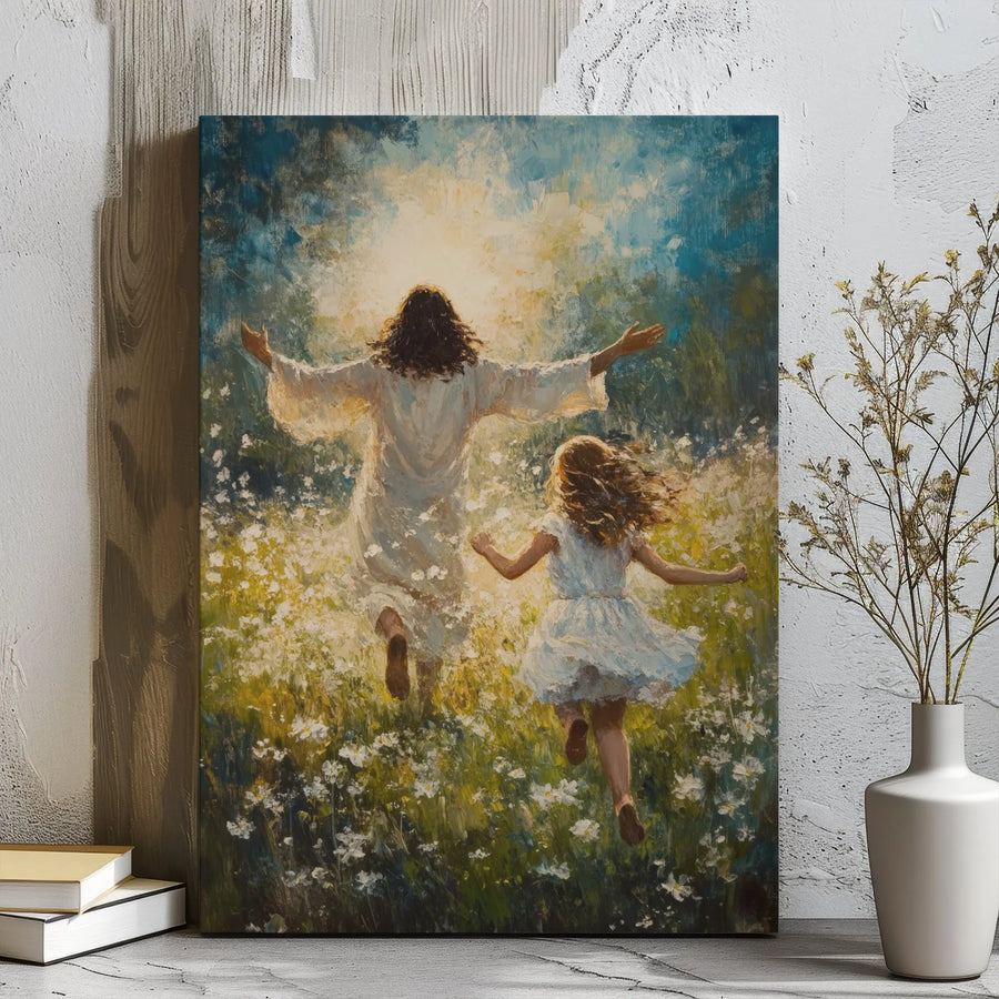 Jesus and Child Running in Field Canvas Wall Art | Impressionist Religious Painting | Gallery Wrapped Premium Print | Spiritual Home Decor Gift