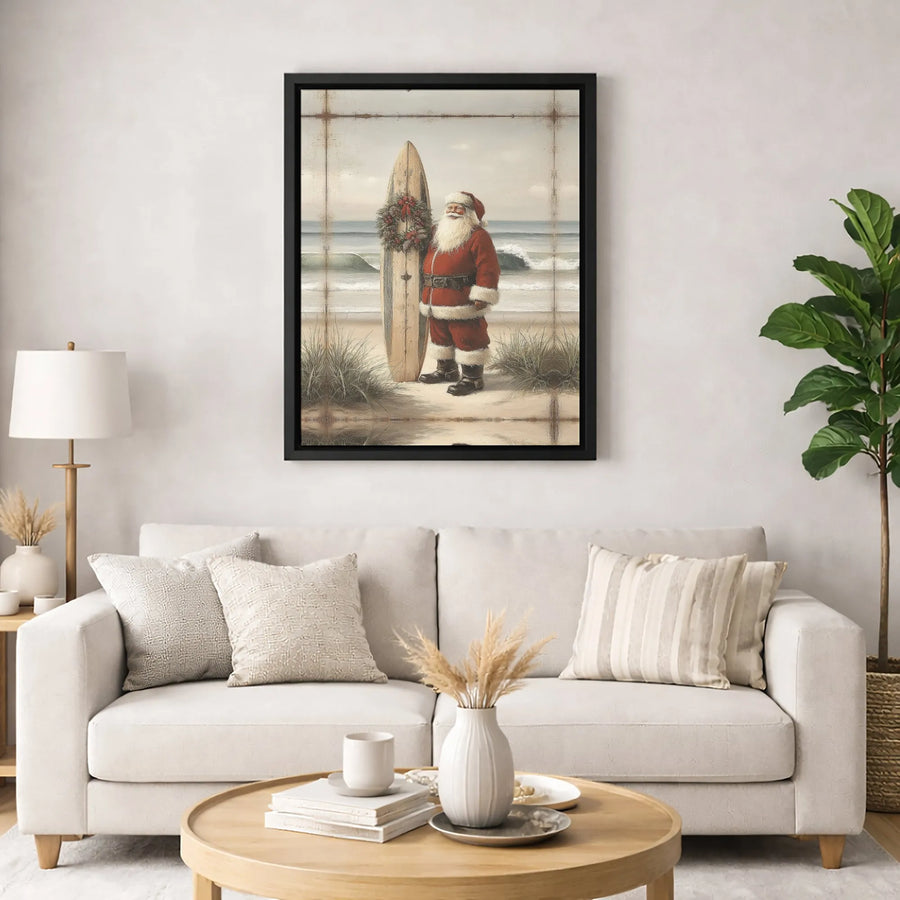 Coastal Santa Surfboard Wall Art | Vintage Beach Christmas Decor | Premium Gallery Wrap Canvas | Unique Holiday Gift for Surf Lovers