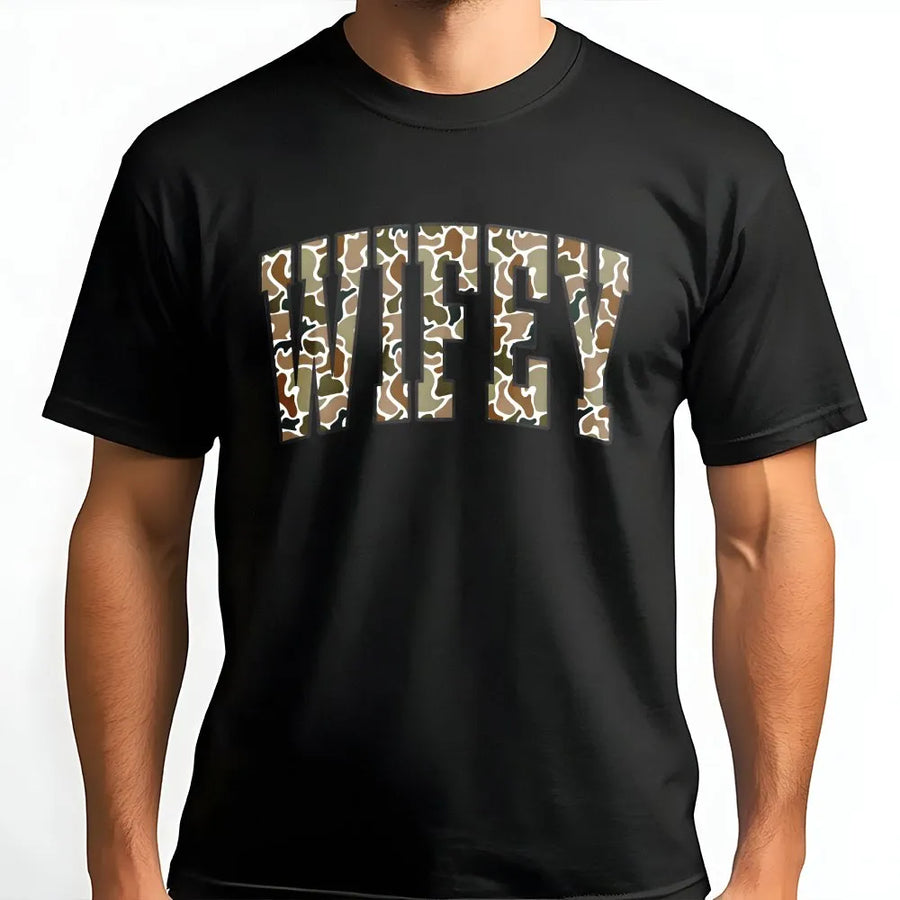 Camo Wifey T-Shirt | Hunting Camouflage Graphic Pullover | Premium Cotton Blend | Anniversary Gift for Wife, Country Girl