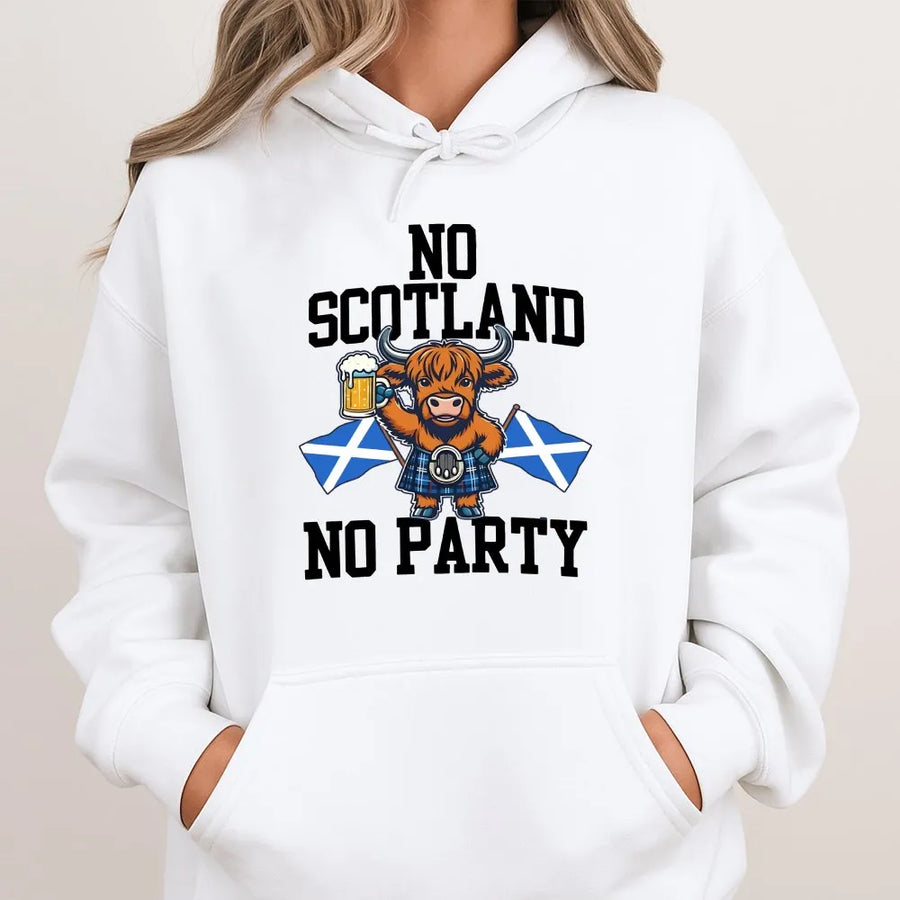 No Scotland No Party Hoodie | Funny Highland Cow Graphic Pullover | Premium Cotton Blend | Gift for Scottish Supporter