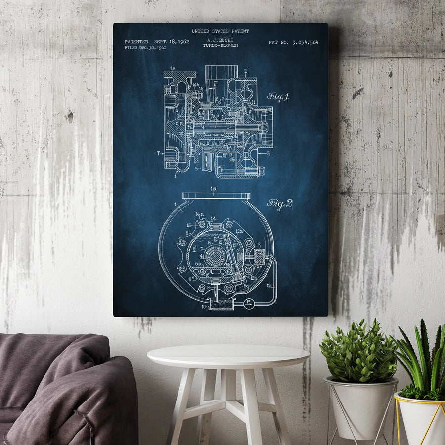 Turbo Blower Patent Print | Vintage Engineering Blueprint Wall Art | Premium Gallery Wrapped Canvas | Mechanical Engineer Gift Office Decor
